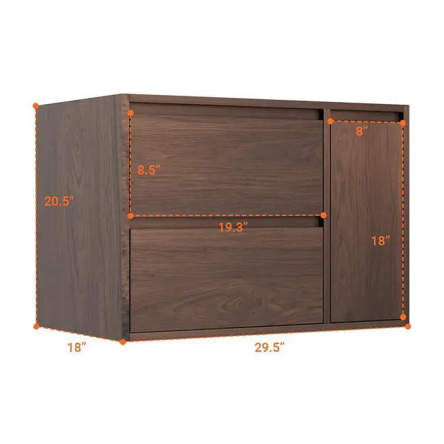 Alt view image 3 of 5 - 30 Inch Floating Bathroom Vanity Cabinet Only, Wall Mounted Storage Cabinet, Luxury Bathroom Organizer Walnut Finish, with 2 Drawers & Door Storage Compartment, Easy Assembly