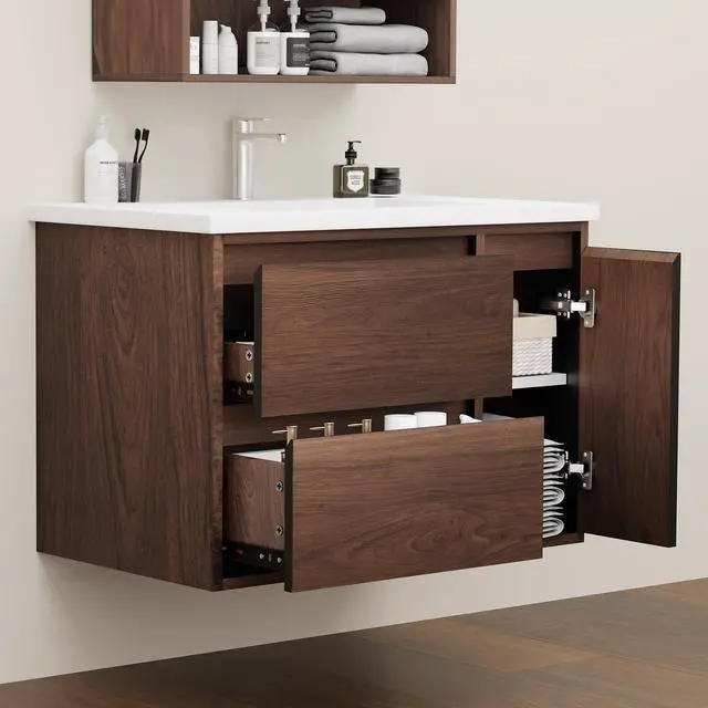 Alt view image 5 of 5 - 30 Inch Floating Bathroom Vanity Cabinet Only, Wall Mounted Storage Cabinet, Luxury Bathroom Organizer Walnut Finish, with 2 Drawers & Door Storage Compartment, Easy Assembly