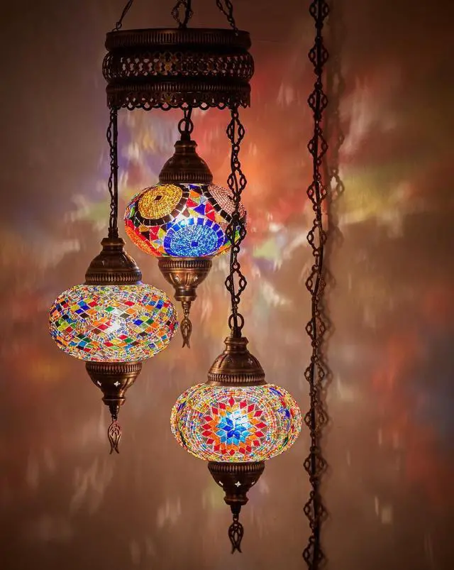 Main image of Plug-in Turkish Hanging Lamp, Handmade Moroccan Mosaic Chandelier Pendant Light Fixture with 15-ft Cord & Chain, Decorative Ceiling Lamp for Living Room, Bedroom, 3 Large 7'' Globes, 3.5 ft