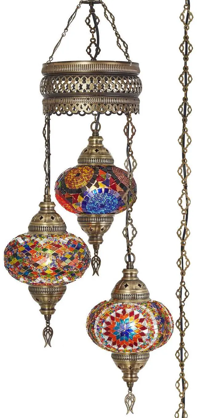 Alt view image 2 of 3 - Plug-in Turkish Hanging Lamp, Handmade Moroccan Mosaic Chandelier Pendant Light Fixture with 15-ft Cord & Chain, Decorative Ceiling Lamp for Living Room, Bedroom, 3 Large 7'' Globes, 3.5 ft