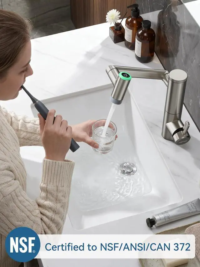 Alt view image 2 of 6 - Rotatable Bathroom Faucet with Built-in Filter, Single Hole Sink Faucet with Temperature Display in Fahrenheit, 2 Water Modes, NSF Certified