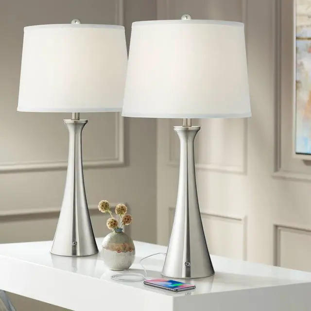 Main image of Karl 27 1/2" Tall Set of 2 Modern Table Lamps with USB Charging Ports A+C and AC Power Outlet Brushed Nickel White Drum Shade Bedroom Living Room House Home Bedside Nightstand Office