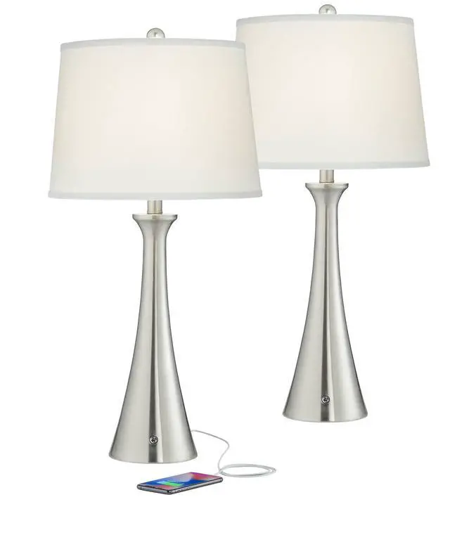 Alt view image 2 of 6 - Karl 27 1/2" Tall Set of 2 Modern Table Lamps with USB Charging Ports A+C and AC Power Outlet Brushed Nickel White Drum Shade Bedroom Living Room House Home Bedside Nightstand Office