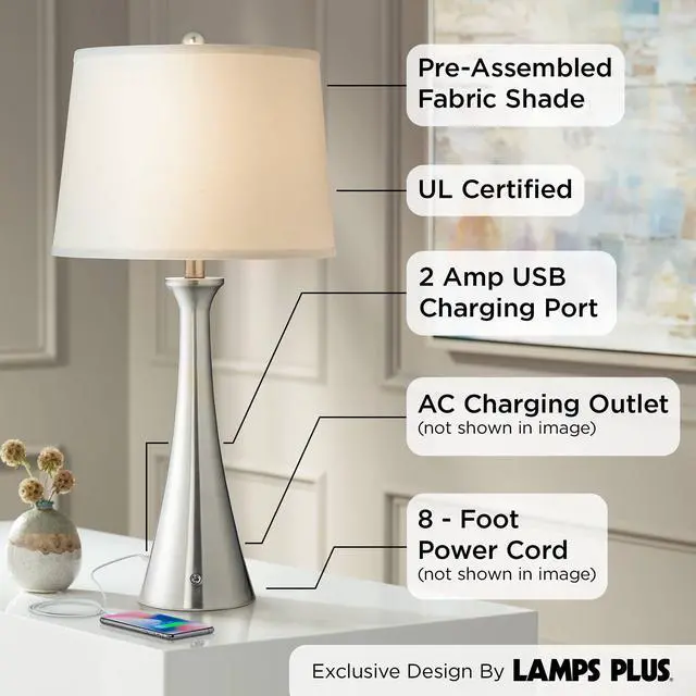 Alt view image 3 of 6 - Karl 27 1/2" Tall Set of 2 Modern Table Lamps with USB Charging Ports A+C and AC Power Outlet Brushed Nickel White Drum Shade Bedroom Living Room House Home Bedside Nightstand Office