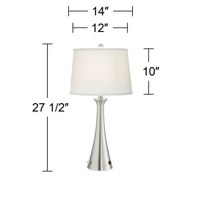 Alt view image 4 of 6 - Karl 27 1/2" Tall Set of 2 Modern Table Lamps with USB Charging Ports A+C and AC Power Outlet Brushed Nickel White Drum Shade Bedroom Living Room House Home Bedside Nightstand Office