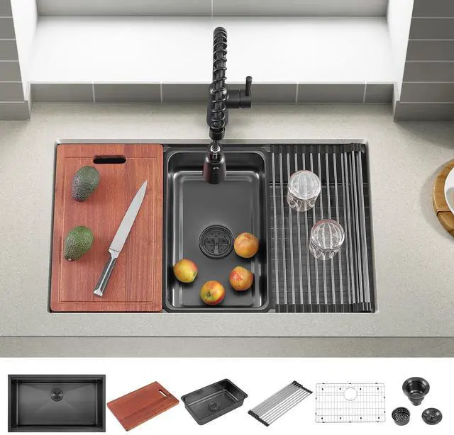 Main image of 32 Inch Black Large Single Bowl Workstation Undermount Kitchen Sink,32x19 Inch Stainless Steel Handmade Undermount Workstation Kitchen Sink