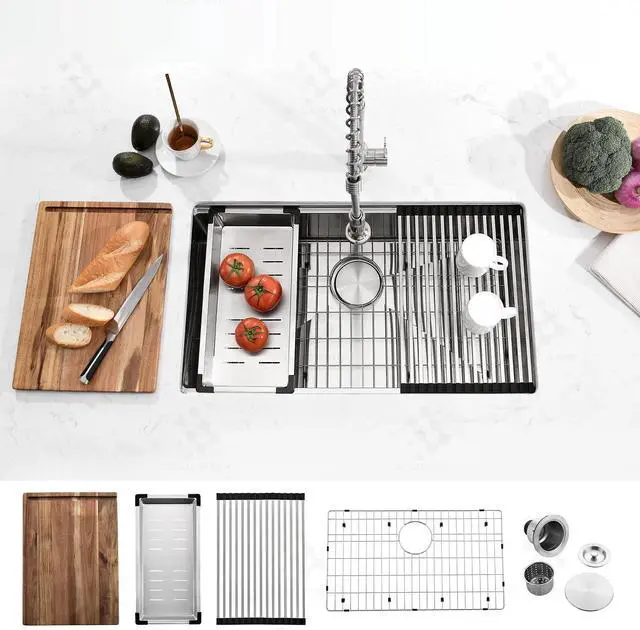 Main image of 32-inch Undermount Handmade Workstation 304 Stainless Steel Kitchen Sink Single Bowl Basin With Grid cutting board colander drying rack and Strainer