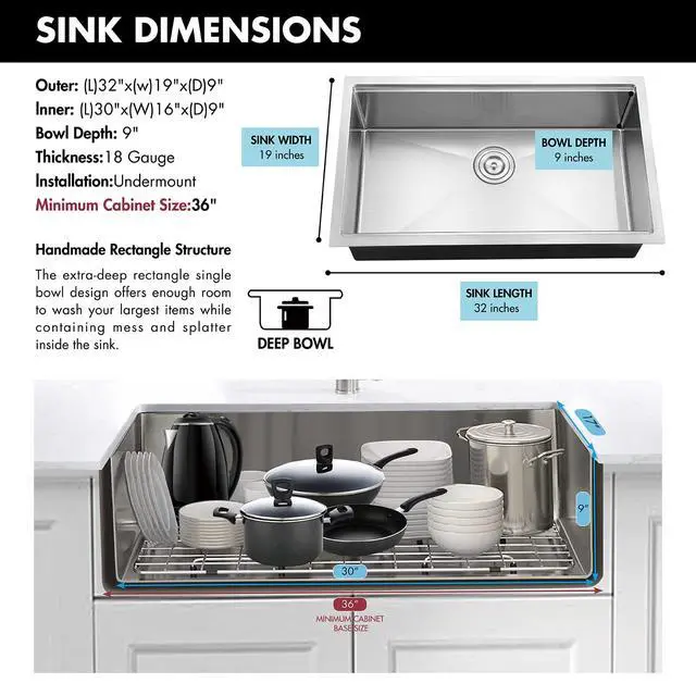 Alt view image 2 of 6 - 32-inch Undermount Handmade Workstation 304 Stainless Steel Kitchen Sink Single Bowl Basin With Grid cutting board colander drying rack and Strainer