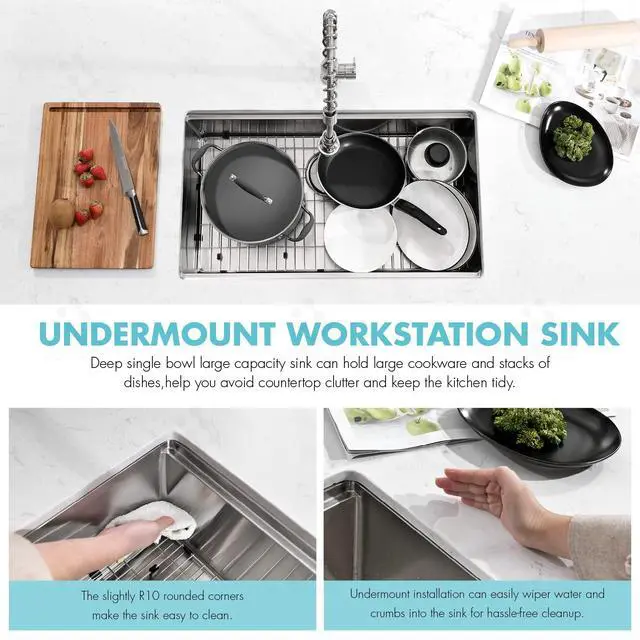 Alt view image 4 of 6 - 32-inch Undermount Handmade Workstation 304 Stainless Steel Kitchen Sink Single Bowl Basin With Grid cutting board colander drying rack and Strainer