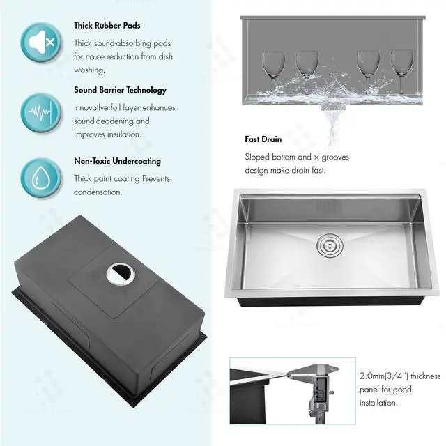 Alt view image 6 of 6 - 32-inch Undermount Handmade Workstation 304 Stainless Steel Kitchen Sink Single Bowl Basin With Grid cutting board colander drying rack and Strainer