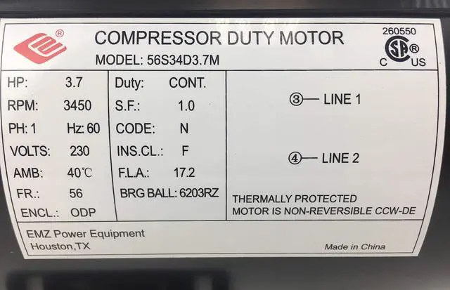 Alt view image 5 of 6 - 3.7 HP 3450 RPM, 56 Frame, 230V, 17.2Amp, 5/8" Shaft, Single Phase NEMA Air Compressor Motor - EM-04