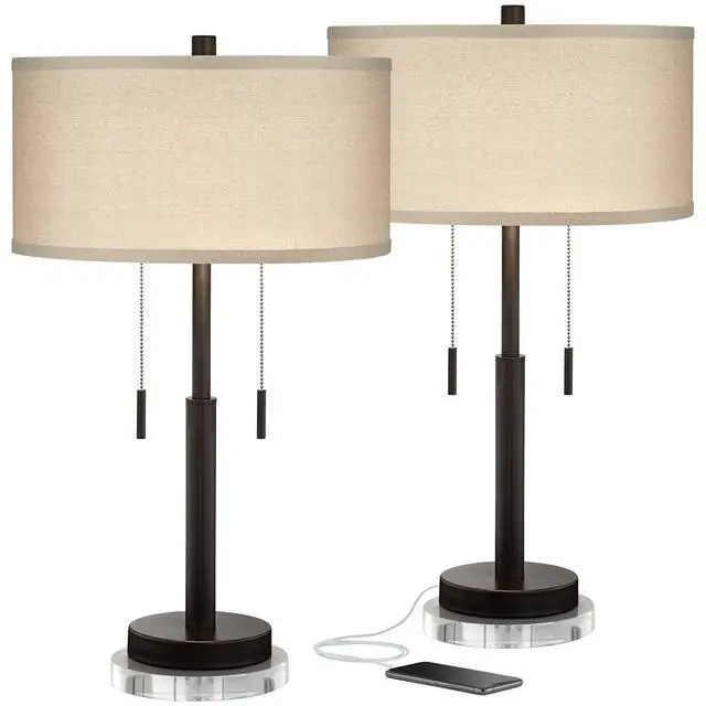Main image of Bernie Modern Industrial Table Lamps Set of 2 with Round Risers USB Ports 26" High Bronze Metal Tan Drum Shade for Bedroom Living Room House Home Desk Bedside Nightstand Office