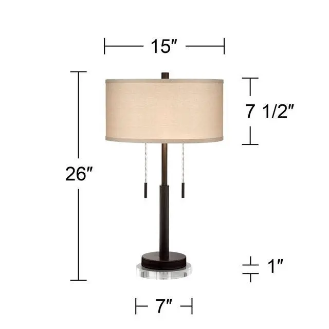 Alt view image 4 of 6 - Bernie Modern Industrial Table Lamps Set of 2 with Round Risers USB Ports 26" High Bronze Metal Tan Drum Shade for Bedroom Living Room House Home Desk Bedside Nightstand Office
