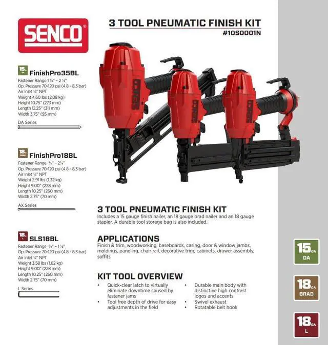 Alt view image 6 of 6 - Pneumatic 4 Piece Finish Kit Includes 3 Air Powered Tools for Finish & Trim Projects: 15 GA finish nailer, 18 GA brad nailer, 18 GA stapler, and storage bag (10S0001N)