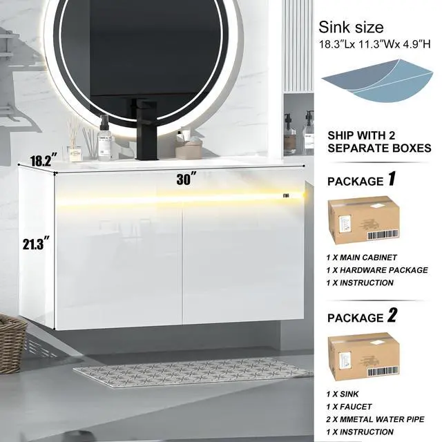 Alt view image 2 of 6 - 30 inch Bathroom Vanity W/Sink Combo, High Gloss Bathroom Cabinet, Smart Wall Mounted Sink Cabinet Auto Motion Sensor LED Light, Modern Floating Vanity with Faucet