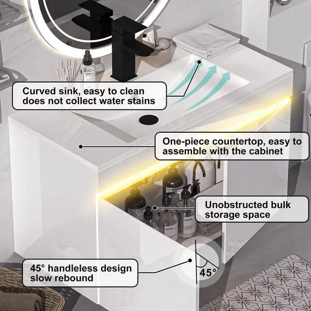 Alt view image 5 of 6 - 30 inch Bathroom Vanity W/Sink Combo, High Gloss Bathroom Cabinet, Smart Wall Mounted Sink Cabinet Auto Motion Sensor LED Light, Modern Floating Vanity with Faucet