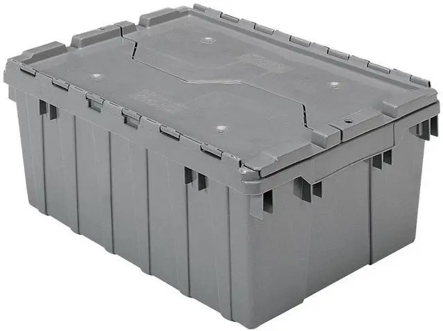 Main image of 39085 Industrial Plastic Storage Tote with Hinged Attached Lid, (21-Inch L by 15-Inch W by 9-Inch H), Gray, (6-Pack)