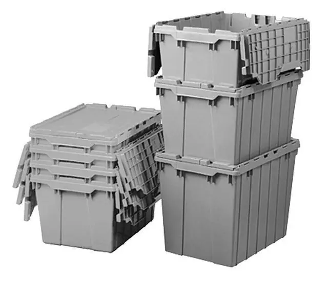 Alt view image 2 of 6 - 39085 Industrial Plastic Storage Tote with Hinged Attached Lid, (21-Inch L by 15-Inch W by 9-Inch H), Gray, (6-Pack)