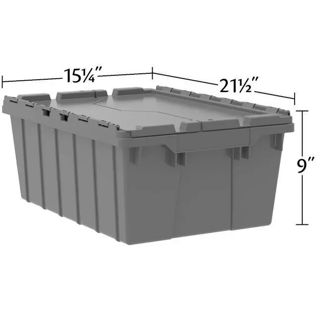 Alt view image 4 of 6 - 39085 Industrial Plastic Storage Tote with Hinged Attached Lid, (21-Inch L by 15-Inch W by 9-Inch H), Gray, (6-Pack)