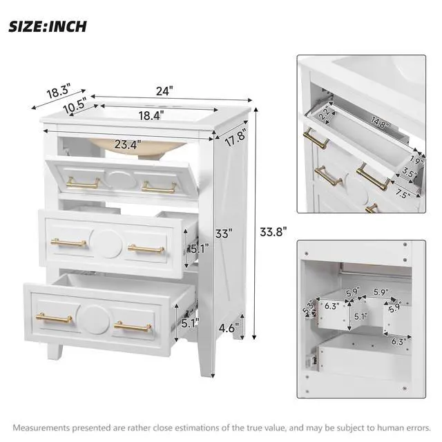 Alt view image 2 of 6 - 24" Bathroom Vanity with Sink Top, 3-Drawer Bathroom Vanity Storage Cabinet with Gold Pulls, Tip-Out Drawer, Solid Wood Frame Bath Storage Vanity with Ceramic Sink