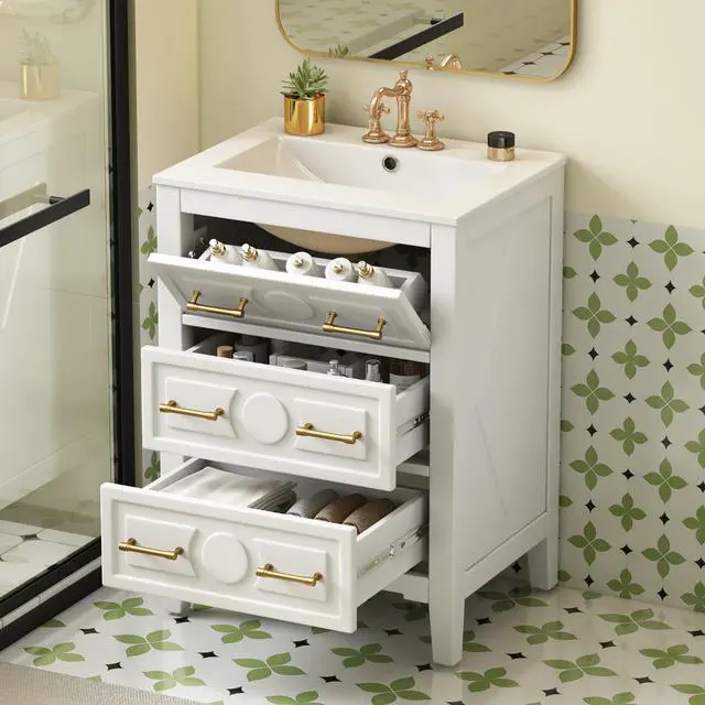 Alt view image 3 of 6 - 24" Bathroom Vanity with Sink Top, 3-Drawer Bathroom Vanity Storage Cabinet with Gold Pulls, Tip-Out Drawer, Solid Wood Frame Bath Storage Vanity with Ceramic Sink