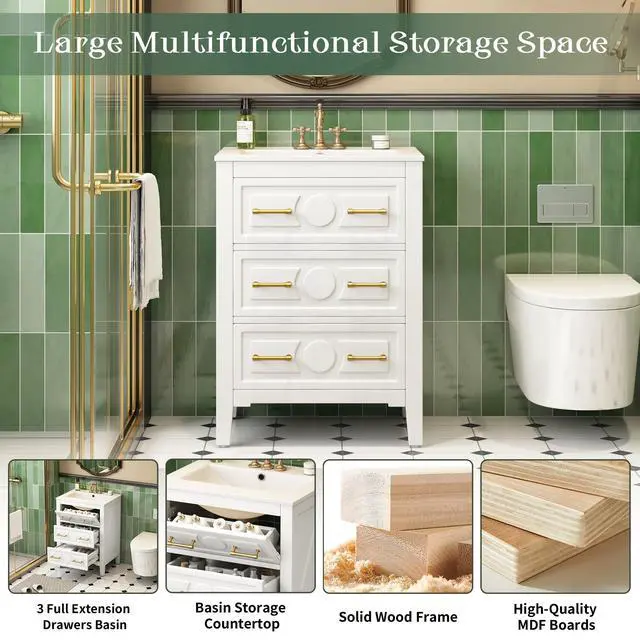 Alt view image 4 of 6 - 24" Bathroom Vanity with Sink Top, 3-Drawer Bathroom Vanity Storage Cabinet with Gold Pulls, Tip-Out Drawer, Solid Wood Frame Bath Storage Vanity with Ceramic Sink
