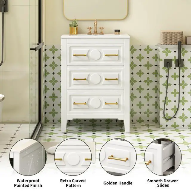 Alt view image 5 of 6 - 24" Bathroom Vanity with Sink Top, 3-Drawer Bathroom Vanity Storage Cabinet with Gold Pulls, Tip-Out Drawer, Solid Wood Frame Bath Storage Vanity with Ceramic Sink