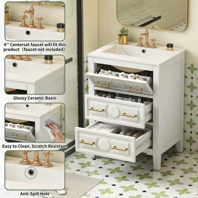 Alt view image 6 of 6 - 24" Bathroom Vanity with Sink Top, 3-Drawer Bathroom Vanity Storage Cabinet with Gold Pulls, Tip-Out Drawer, Solid Wood Frame Bath Storage Vanity with Ceramic Sink