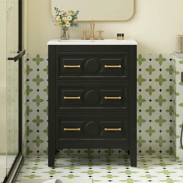 Main image of 24" Bathroom Vanity with Sink Top, 3-Drawer Bathroom Vanity Storage Cabinet with Gold Pulls, Tip-Out Drawer, Solid Wood Frame Bath Storage Vanity with Ceramic Sink