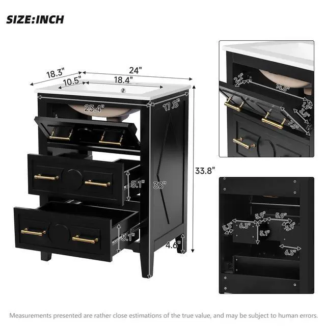 Alt view image 2 of 6 - 24" Bathroom Vanity with Sink Top, 3-Drawer Bathroom Vanity Storage Cabinet with Gold Pulls, Tip-Out Drawer, Solid Wood Frame Bath Storage Vanity with Ceramic Sink