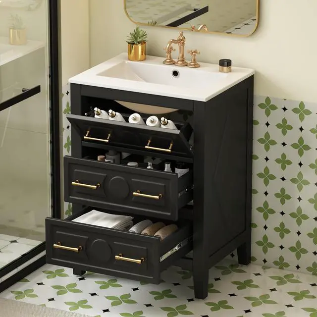 Alt view image 3 of 6 - 24" Bathroom Vanity with Sink Top, 3-Drawer Bathroom Vanity Storage Cabinet with Gold Pulls, Tip-Out Drawer, Solid Wood Frame Bath Storage Vanity with Ceramic Sink