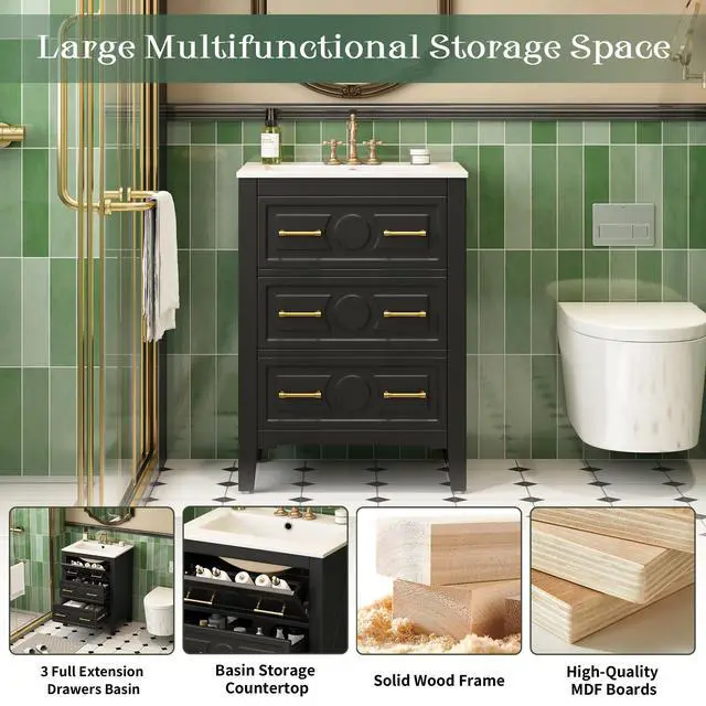 Alt view image 4 of 6 - 24" Bathroom Vanity with Sink Top, 3-Drawer Bathroom Vanity Storage Cabinet with Gold Pulls, Tip-Out Drawer, Solid Wood Frame Bath Storage Vanity with Ceramic Sink