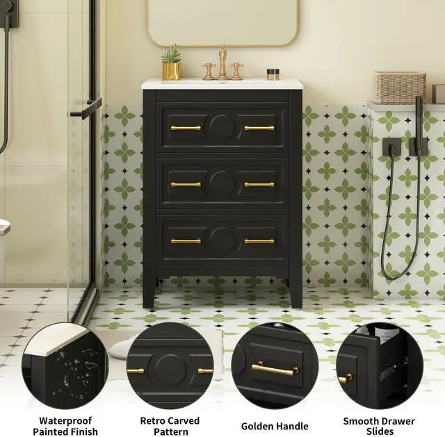 Alt view image 5 of 6 - 24" Bathroom Vanity with Sink Top, 3-Drawer Bathroom Vanity Storage Cabinet with Gold Pulls, Tip-Out Drawer, Solid Wood Frame Bath Storage Vanity with Ceramic Sink