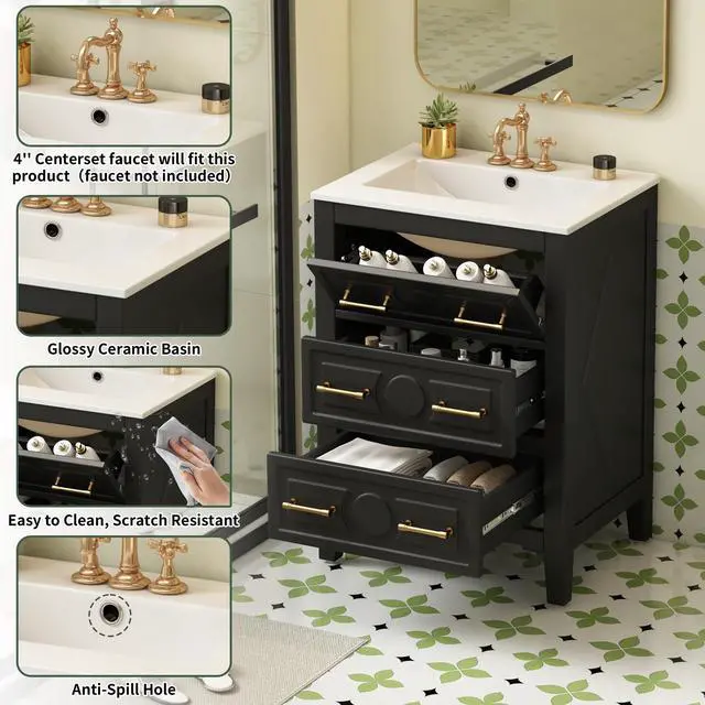 Alt view image 6 of 6 - 24" Bathroom Vanity with Sink Top, 3-Drawer Bathroom Vanity Storage Cabinet with Gold Pulls, Tip-Out Drawer, Solid Wood Frame Bath Storage Vanity with Ceramic Sink
