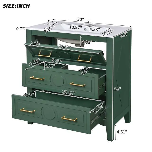 Alt view image 2 of 6 - 30" Bathroom Vanity with Sink Top, 3-Drawer Bathroom Vanity Storage Cabinet with Gold Pulls, Tip-Out Drawer, Solid Wood Frame Bath Storage Vanity with Ceramic Sink