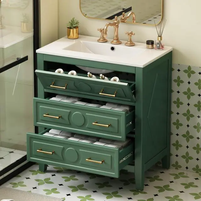 Alt view image 3 of 6 - 30" Bathroom Vanity with Sink Top, 3-Drawer Bathroom Vanity Storage Cabinet with Gold Pulls, Tip-Out Drawer, Solid Wood Frame Bath Storage Vanity with Ceramic Sink