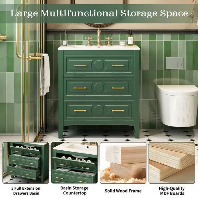 Alt view image 4 of 6 - 30" Bathroom Vanity with Sink Top, 3-Drawer Bathroom Vanity Storage Cabinet with Gold Pulls, Tip-Out Drawer, Solid Wood Frame Bath Storage Vanity with Ceramic Sink