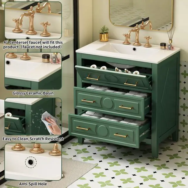 Alt view image 5 of 6 - 30" Bathroom Vanity with Sink Top, 3-Drawer Bathroom Vanity Storage Cabinet with Gold Pulls, Tip-Out Drawer, Solid Wood Frame Bath Storage Vanity with Ceramic Sink