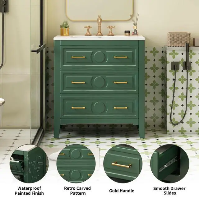 Alt view image 6 of 6 - 30" Bathroom Vanity with Sink Top, 3-Drawer Bathroom Vanity Storage Cabinet with Gold Pulls, Tip-Out Drawer, Solid Wood Frame Bath Storage Vanity with Ceramic Sink