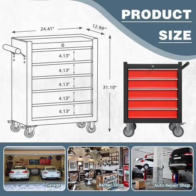 Alt view image 3 of 6 - 5-Drawer Tool Chest, Rolling Tool Box with Wheels, High Capacity Detachable Mobile Tool Storage Cabinet for Workshop, Garage, Mechanics and Repair Room (BlackRed, 5-Drawer)