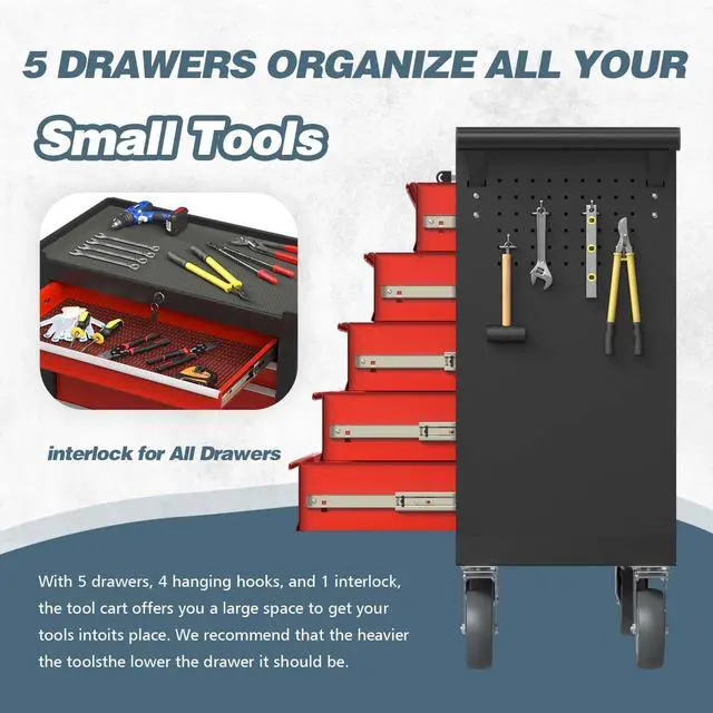 Alt view image 4 of 6 - 5-Drawer Tool Chest, Rolling Tool Box with Wheels, High Capacity Detachable Mobile Tool Storage Cabinet for Workshop, Garage, Mechanics and Repair Room (BlackRed, 5-Drawer)