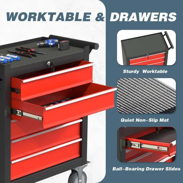 Alt view image 5 of 6 - 5-Drawer Tool Chest, Rolling Tool Box with Wheels, High Capacity Detachable Mobile Tool Storage Cabinet for Workshop, Garage, Mechanics and Repair Room (BlackRed, 5-Drawer)