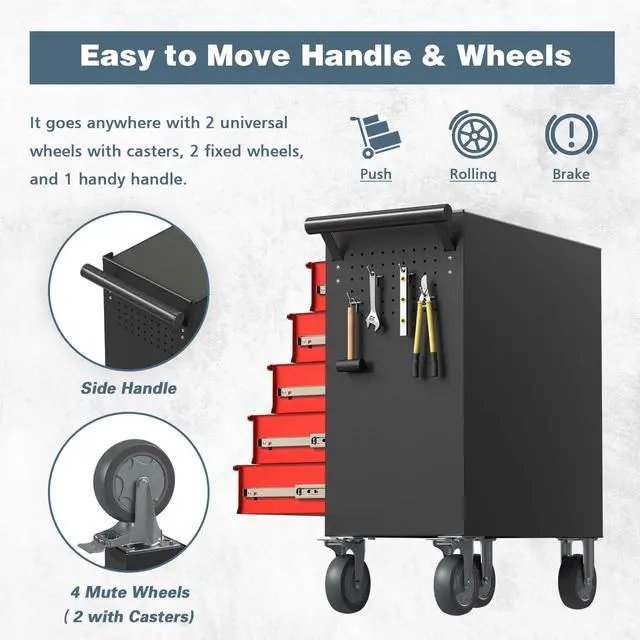 Alt view image 6 of 6 - 5-Drawer Tool Chest, Rolling Tool Box with Wheels, High Capacity Detachable Mobile Tool Storage Cabinet for Workshop, Garage, Mechanics and Repair Room (BlackRed, 5-Drawer)