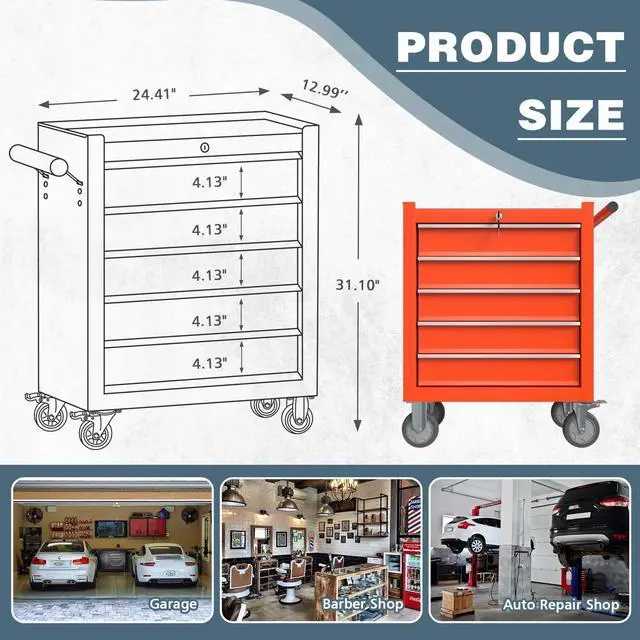Alt view image 3 of 6 - 5-Drawer Tool Chest, Rolling Tool Box with Wheels, High Capacity Detachable Mobile Tool Storage Cabinet for Workshop, Garage, Mechanics and Repair Room (Red, 5-Drawer)