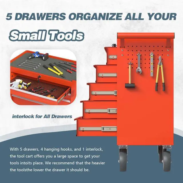 Alt view image 4 of 6 - 5-Drawer Tool Chest, Rolling Tool Box with Wheels, High Capacity Detachable Mobile Tool Storage Cabinet for Workshop, Garage, Mechanics and Repair Room (Red, 5-Drawer)