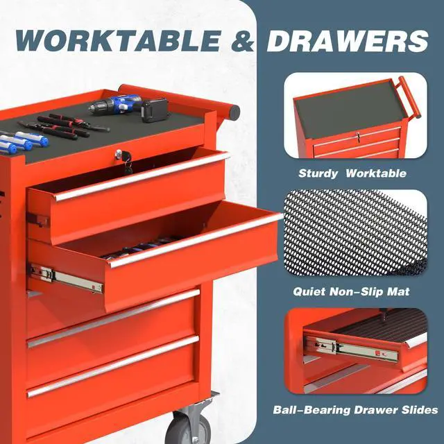 Alt view image 5 of 6 - 5-Drawer Tool Chest, Rolling Tool Box with Wheels, High Capacity Detachable Mobile Tool Storage Cabinet for Workshop, Garage, Mechanics and Repair Room (Red, 5-Drawer)