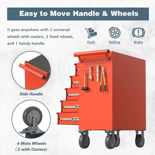 Alt view image 6 of 6 - 5-Drawer Tool Chest, Rolling Tool Box with Wheels, High Capacity Detachable Mobile Tool Storage Cabinet for Workshop, Garage, Mechanics and Repair Room (Red, 5-Drawer)