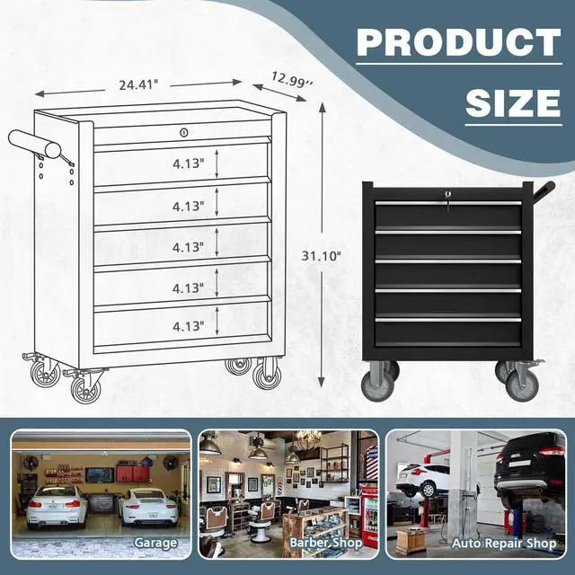 Alt view image 3 of 6 - 5-Drawer Tool Chest, Rolling Tool Box with Wheels, High Capacity Detachable Mobile Tool Storage Cabinet for Workshop, Garage, Mechanics and Repair Room (Black, 5-Drawer)