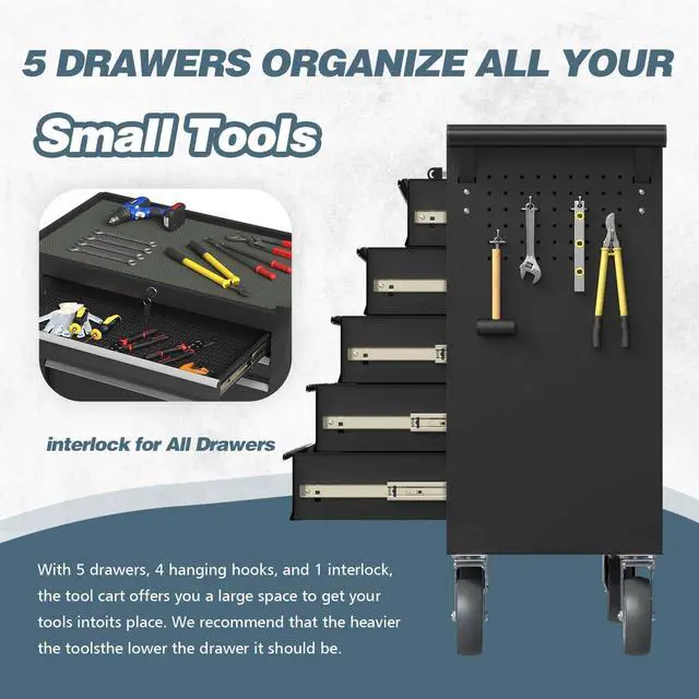 Alt view image 4 of 6 - 5-Drawer Tool Chest, Rolling Tool Box with Wheels, High Capacity Detachable Mobile Tool Storage Cabinet for Workshop, Garage, Mechanics and Repair Room (Black, 5-Drawer)