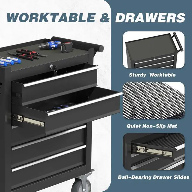 Alt view image 5 of 6 - 5-Drawer Tool Chest, Rolling Tool Box with Wheels, High Capacity Detachable Mobile Tool Storage Cabinet for Workshop, Garage, Mechanics and Repair Room (Black, 5-Drawer)